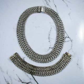Unique Design Heavy Necklace & Bracelet Set | Vintage Sterling Mexico | 139.  4g