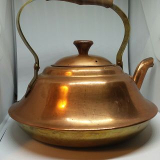 Old Dutch Design Copper Tea Kettle Pot Portugal Made Brass Wood Handle Vintage