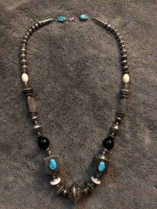 Vintage Necklace By Navajo Artisan Thomas Tommy Singer; Silver,  Turquoise,  Onyx