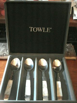 Rare Vintage Set Of 4 Towle Sterling & Mother Of Pearl Handle Small Spoons W/box