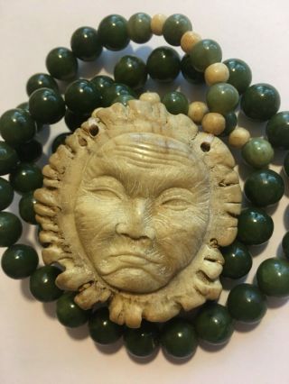 Antique Vintage Green Jade Bead Necklace W/ Carved Antler Man In The Moon Eskimo