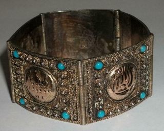 Antique 1920s Ottoman Turkish Bracelet / Fa / 900 Silver / Gold / Turquoise