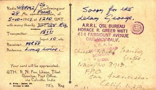 AC4YN Reg Fox Tibet 1947 Vintage Ham Radio QSL Card 2