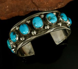 Heavy Mens Navajo Vintage Old Pawn Traditional Morenci Turquoise Row Bracelet