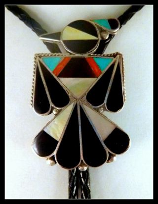 Vtg Zuni Thunderbird Bolo Multi - Stone Inlay Sterling Silver Bola Tie Ships