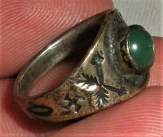 Antique C.  1930 Navajo Coin Silver Ring Turquoise Whirling Log Arrow Stamps Vafo