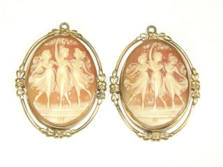 2 Antique Victorian 3 Graces Dancing Ladies 12k Gold Filled Shell Cameo Pendant