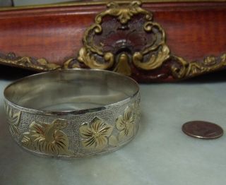 Art Deco Vintage Sterling Silver Gold Very Heavy Floral Round Bangle Bracelet