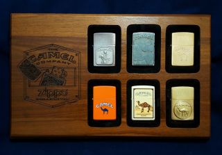 Vintage Camel Zippo Lighter 6 Place Wood Wooden Display Case With Lighters