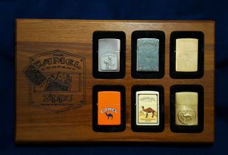 VINTAGE CAMEL ZIPPO LIGHTER 6 PLACE WOOD WOODEN DISPLAY CASE WITH LIGHTERS 7