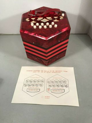 Vtg.  Concertina 20 Key Accordion Instrument Red Hexagon Squeeze Box / Italy - Box