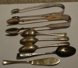 128 Grams Of Scrap Silver Sugar Tongs,  Spoons.  Butter Knife.  All Hallmarked.