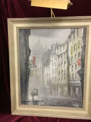 Vintage Oil On Board Painting By Jac Leckell " Fog In Paris " With Art Light