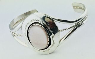 Vintage Navajo Sterling Silver Cuff Bracelet With Pink Mother Of Pearl