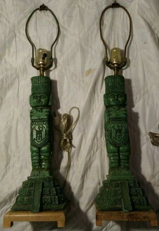 2 Vintage Atlantean Tula Mexico Warrior 15 " Statue Malachite Lamps