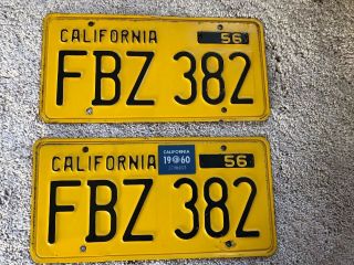 1956 Vintage California Yellow And Black Matching License Plates