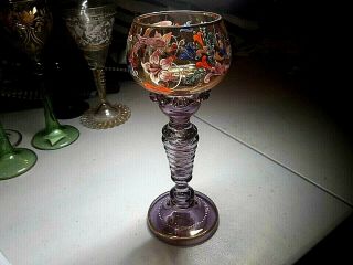 Vintage Moser Crystal - Gilt/enamel In Amber&alexandrite - 7 7/8 " Roemer Wine Goblet