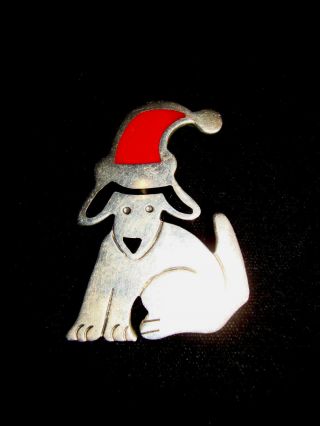 Heavy Xmas Sterling Silver Black Red Enamel Puppy Dog In Santa Hat Pin Brooch