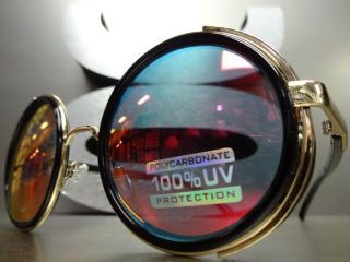 VINTAGE RETRO 60 ' s STEAMPUNK CYBER Round Blinder SUN GLASSES Black & Gold Frame 2