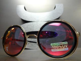 VINTAGE RETRO 60 ' s STEAMPUNK CYBER Round Blinder SUN GLASSES Black & Gold Frame 3