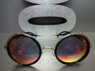 VINTAGE RETRO 60 ' s STEAMPUNK CYBER Round Blinder SUN GLASSES Black & Gold Frame 5