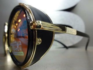 VINTAGE RETRO 60 ' s STEAMPUNK CYBER Round Blinder SUN GLASSES Black & Gold Frame 6