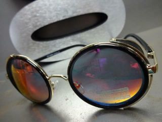VINTAGE RETRO 60 ' s STEAMPUNK CYBER Round Blinder SUN GLASSES Black & Gold Frame 7
