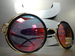 VINTAGE RETRO 60 ' s STEAMPUNK CYBER Round Blinder SUN GLASSES Black & Gold Frame 8
