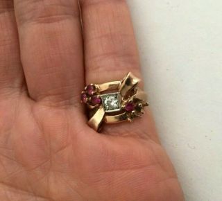 Estate Antique Victorian 14k Gold Ruby Diamond Bow Motif Ring Sz 3