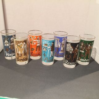 7 Vintage Cities Of The World Libbey Drinking Glasses Tumblers Set London Bombay