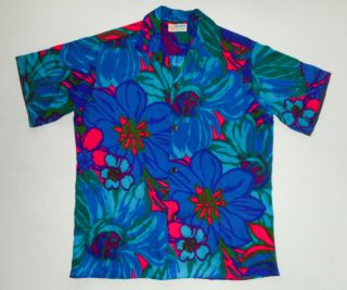 Vtg 50s 60s Andrade Honolulu Hawaiian Shirt Vivid Wild Aloha Floral Tropical M/l
