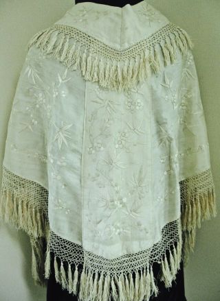 Antique Cream White Silk Embroidered Shawl W Two Rows Knotted Fringe,  V Shape Bk