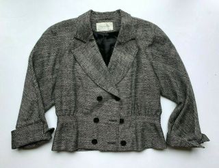 Vtg 80s Christian Dior Gathered Herringbone Wool Tweed Double Breasted Jacket
