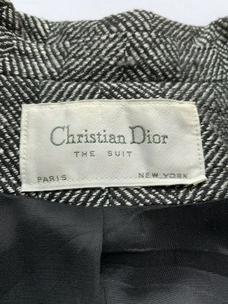 Vtg 80s Christian Dior Gathered Herringbone Wool Tweed Double Breasted Jacket 3