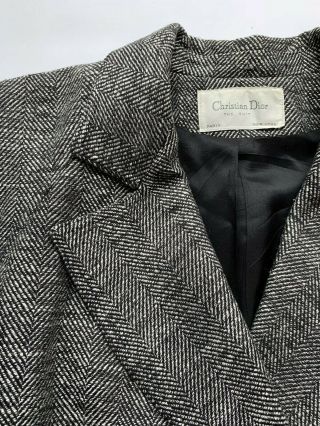 Vtg 80s Christian Dior Gathered Herringbone Wool Tweed Double Breasted Jacket 6