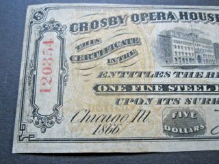 Vtg 1866 $5 Rn - P5 Crosby Opera House Art Chicago Il Lottery Ticket Award Revenue