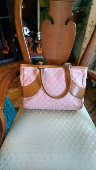 Vintage Gucci Handbag - - Pink And Tan - 13 Inches By 9.  5 In