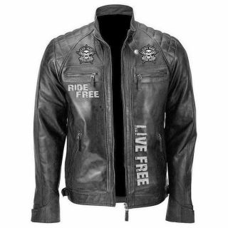 Men ' s Biker Vintage Motorcycle Racer Leather Jacket with Skull Embriodery 2