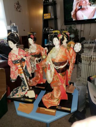 4 Vintage Japanese Yamaha Kyugetsu Geisha Dolls Goten Mari Red Kimono