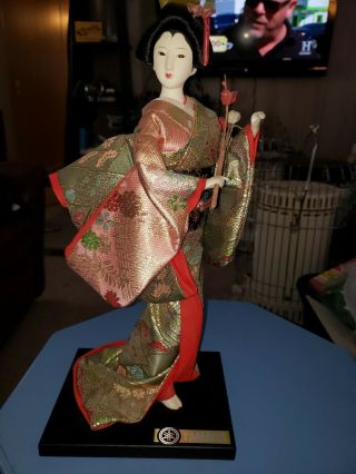 4 Vintage Japanese Yamaha Kyugetsu Geisha dolls Goten Mari Red Kimono 7