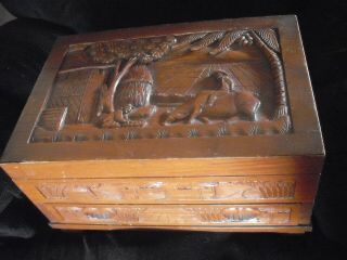 Large Vintage Carved Wood Asian/oriental Flatware Storage Box W/ Drawer