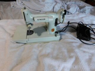 Vintage 1960 ' s Singer 221K Featherweight Sewing Machine,  Case,  White,  Green EC 2