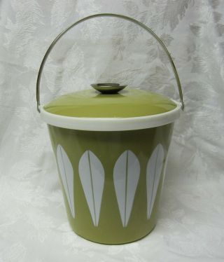 Vintage Cathrineholm Green Enamel Ice Bucket Lotus Pattern Mid Century Modern