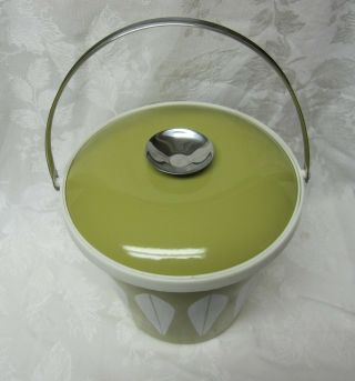 Vintage Cathrineholm Green Enamel Ice Bucket Lotus Pattern Mid Century Modern 2