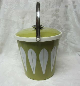 Vintage Cathrineholm Green Enamel Ice Bucket Lotus Pattern Mid Century Modern 3