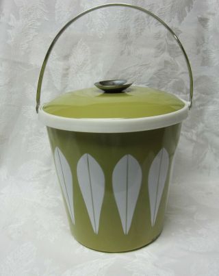 Vintage Cathrineholm Green Enamel Ice Bucket Lotus Pattern Mid Century Modern 4