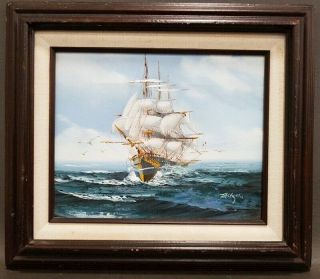 Vintage Oil Painting Ship At Sea Seascape & Seagulls Signed By Artist