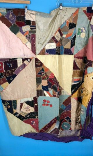 Crazy Quilt Marked 1889 Handmade Silk Cotton Quilt Vtg Antique Unfinished