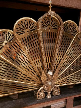 Vintage Gargoyle Fold Out Brass Fan Fireplace Screen Phoenix