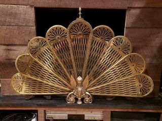 Vintage Gargoyle Fold Out Brass Fan Fireplace Screen Phoenix 2